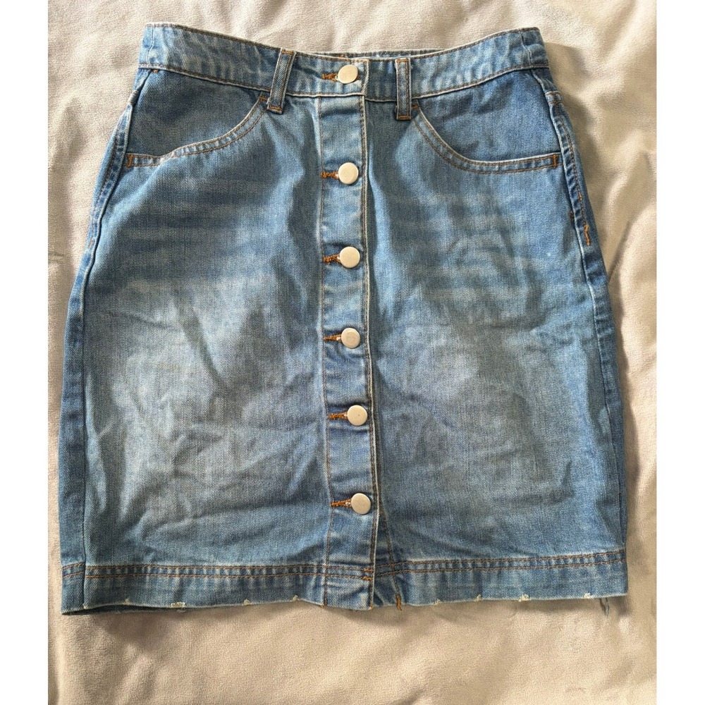 Mnbe Blue Denim Mini Skirt High Waisted Button Front Medium Wash Small